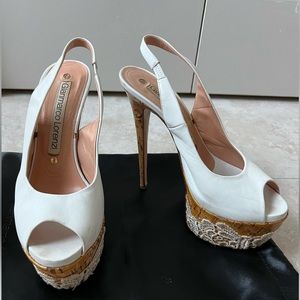 GIANMARCO LORENZI Italy White Lace Platform Leather Peeptoe High Heels 36 6